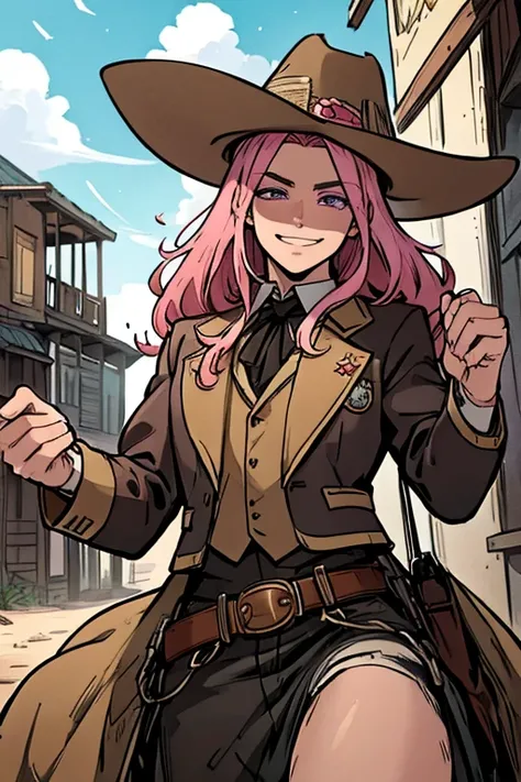 Perfect face. Perfect hands. A handsome pink haired cowboy with violet eyes and long hair in a sheriffs outfit is riding a horse through a wild west town with a big smile