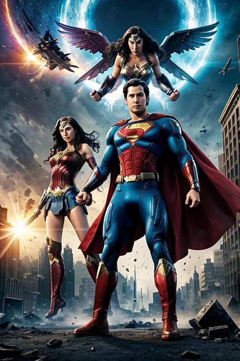 Create the world destroyed by aliens attacking the cities, and in the center this superman with his left hand raised and his right hand touching his hips, Winged behind him is Wonder Woman and on the other side is Captain America., while there are 2 aliens...