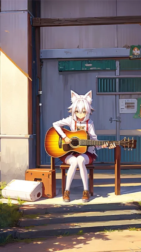 Anime fox girl playing guitar, sitting on the ground, wide angle shot, short white hair, fluffy tail and ears 