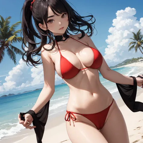 NSFW, (((Uncensored))), (((Clear picture))). high image quality, high resolution, 18 year old beautiful girl、shiny black hair、Hime cut、Brown eyes, dark eyebrows, J-cup huge breasts、172cm tall、tightened waist,、red bikini, sexy pose, Sandy Beach、Blue sky