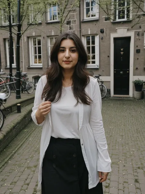 Caseyli, 1girl, solo, 30 years old, (((Georgian face))), (((Georgian nose))), (((Georgian lips))), ((((chubby)))), (((wide hips))), (((dark blonde hair))), wavy medium hair, wearing stylish Generation Z modern wear, ((Background: Courtyard in Amsterdam))