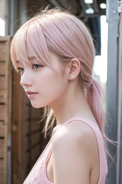 Pretty short shortcuts　Short Style　profile　Put one hand over your ear　Light pink blonde　cute　outside　Natural light　20-year-old　Japanese