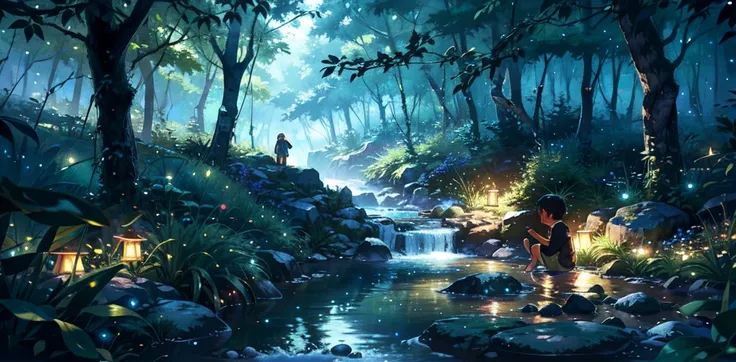 A stream running through the forest，Little boy playing with water in the forest，There are starlight fireflies，Character dots