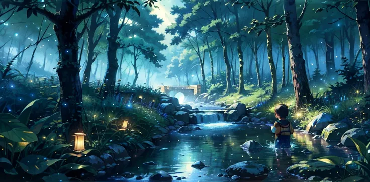 A stream running through the forest，Little boy playing with water in the forest，There are starlight fireflies，Character dots