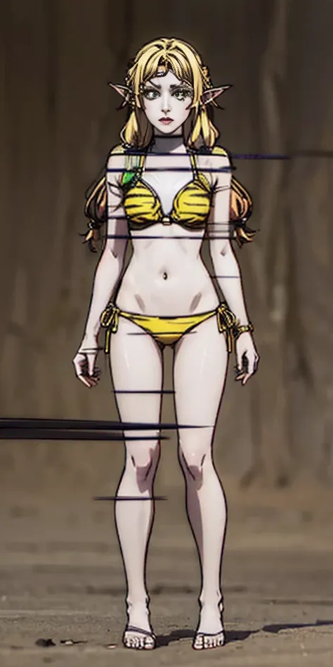 tsundere elf full body toe to head, long hair, blonde hair (green eyes:1.1) pointy ears, elf, multicolored hair, forehead jewel, yellow tiger bikini, standing symmetrical, plain background