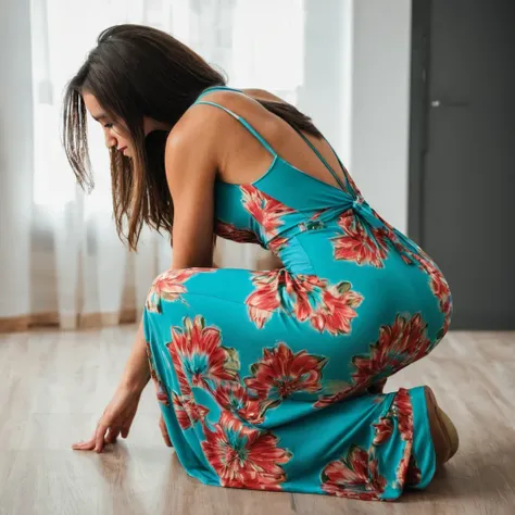 Rear view shot of a young woman squatting on her knees  in a maxi dress, bodycon dress