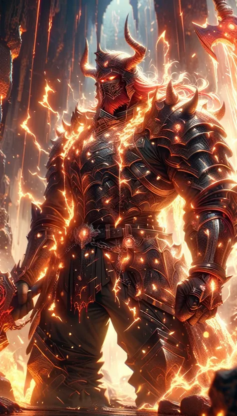 ((best quality)) , ((masterpiece)) , (detailed)，axe, 1boy, male focus, horns, glowing eyes, holding, beard, glowing, solo, weapon, holding axe, facial hair, muscular, fire, holding weapon, chain, looking at viewer, long hair, lightning, muscular male, red ...