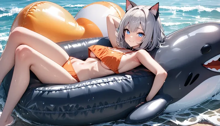 Ride an inflatable killer whale float、1girl、(((best quality)), ((masterpiece)), (details), masterpiece, best quality, high quality, ulutra detailed, perfect face, ((1girl, Blue eyes, cat ears: 1.3 silver bob hair: 2.5,))、Shiny Hair、Glowing Skin、smile、Lustf...