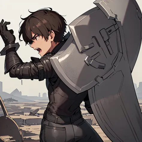 ((((Solo))))、((((Hold your shield))))、Best illustrations、Best Quality、(((Simple grey armor、Black trousers、Black gloves、Short Hair、Brown Hair、20 year old man)))、(Old ruins、desert。Grass)、(Black, muddy swamp)、(get annoyed、Open your mouth、Get angry)、battlefiel...