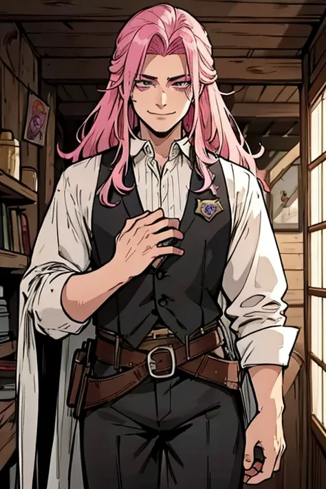 Perfect face. Perfect hands. A handsome pink haired cowboy with violet eyes and long hair in a sheriffs outfit is exploring an outlaws hideout in the wild west with a big smile