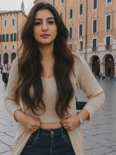 Caseyli, 1girl, solo, 30 years old, (((Georgian face))), (((Georgian nose))), (((Georgian lips))), ((((chubby)))), (((wide hips))), (((dark blonde hair))), wavy medium hair, wearing stylish Generation Z modern wear, ((Background: Piazza San Marco in Italy)...