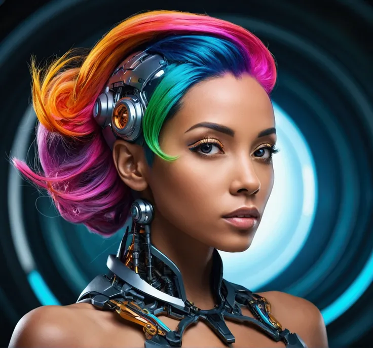 "A stunning, beautiful woman with colorful hair, high-resolution photo capturing the essence of a futuristic cyborg with intricate details and dynamic angles."