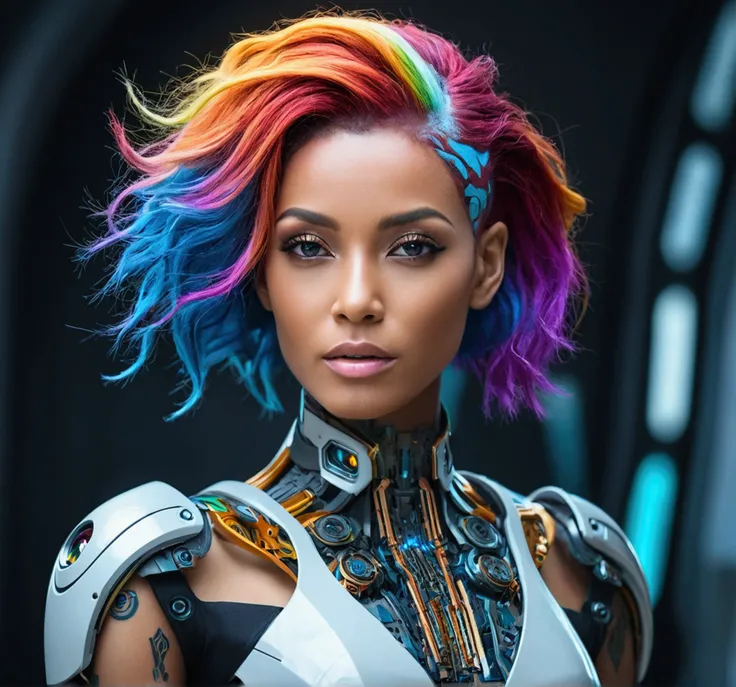 "A stunning, beautiful woman with colorful hair, high-resolution photo capturing the essence of a futuristic cyborg with intricate details and dynamic angles."