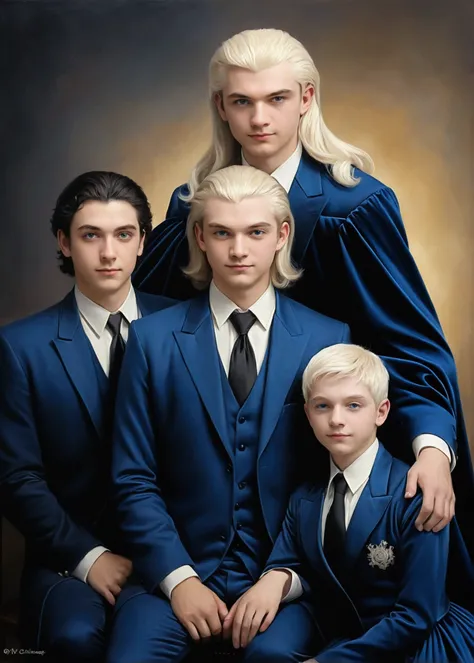 art by Philippe de Champaigne. smart, portrait of 3 brothers. Older brother with platinum blonde hair, ojos color azul y White skin. Second middle brother, white hair, blue eyes, sly smile, White skin. Third younger sister, young woman, Dark black hair, bl...