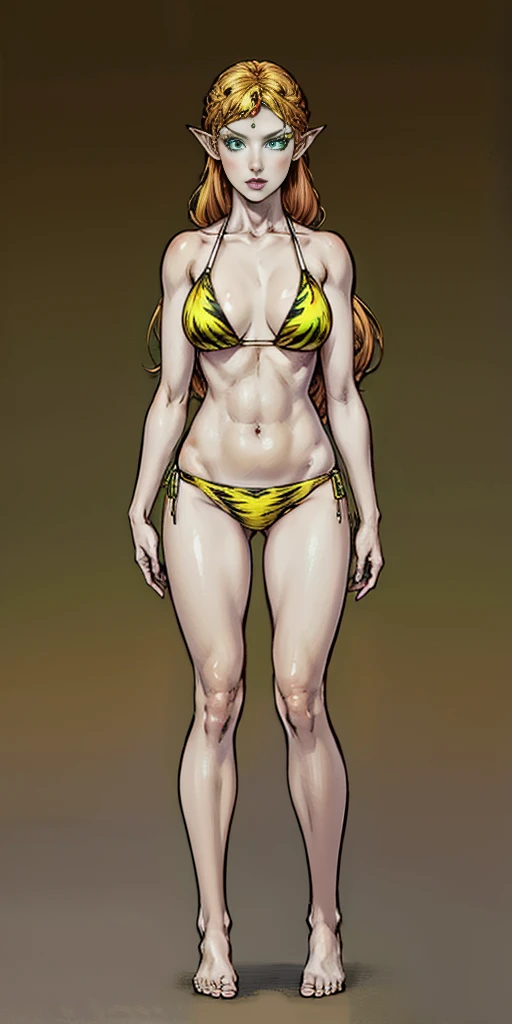 tsundere elf full body toe to head, long hair, blonde hair (green eyes:1.1) pointy ears, elf, multicolored hair, forehead jewel, yellow tiger bikini, standing symmetrical, plain background