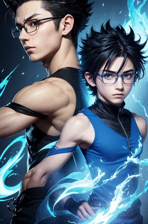 A character in the art style of hunter x hunter, masculine, 17 yr old, wears glasses and manipulates blue fire