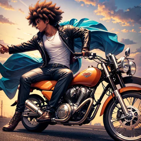 Side progile of a young man with afro hair riding motor cycle. 