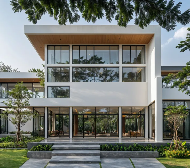 raw photo, a photo of a modern house, (curvilinear archrchitecture:1.4), wabisabi style rounded wall, white wall, steel black ga...