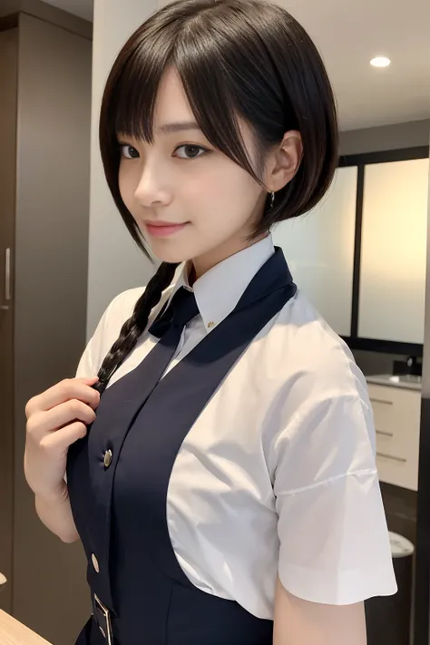 Create a close-up image of a beautiful Japanese female dental hygienist with a seductive smile。She was wearing a tight dental hygienist uniform.、プロフェッショナルさとcharmを強調しています。Her hair was neatly tied up.、She has an elegant look with her short hair style.。The ba...