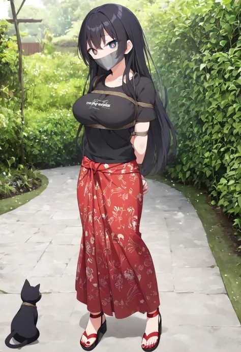 score_9, score_8_up, source_anime, 1girl, solo,The photo shows a young person standing outdoors,  They are smiling and wearing a black t-shirt with a design featuring a cat and text, paired with a patterned red sarong or long skirt and sandals. The backgro...