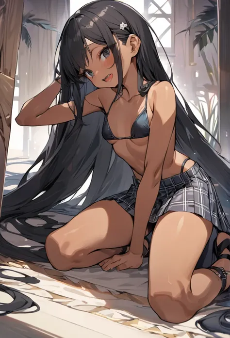 (anime style),masterpiece, best quality, extremely detailed,18Year old,tanned skin,dark skin, Beautiful tall body,flat breasts,BREAK,multicolored colorful black hair,absurdly long hair,for head,BREAK,black eyes,best smile,open mouth,detailed lips,BREAK,cot...