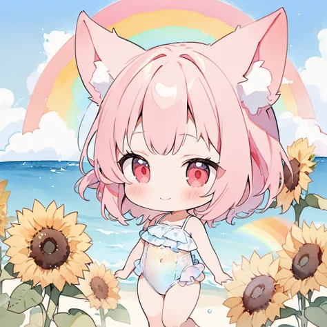 Top quality, masterpiece, high resolution, pastel colors, watercolor style, chibi character, pink hair, animal ear girl, red eyes, sleeping sideways on a large sunflower, smile, transparent ruffled leotard swimsuit with sunflower pattern, beautiful rainbow...