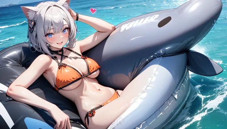 Ride an inflatable killer whale float、1girl、(((best quality)), ((masterpiece)), (details), masterpiece, best quality, high quality, ulutra detailed, perfect face, ((1girl, Blue eyes, cat ears: 1.3 silver bob hair: 2.5,))、Shiny Hair、Glowing Skin、smile、Lustf...