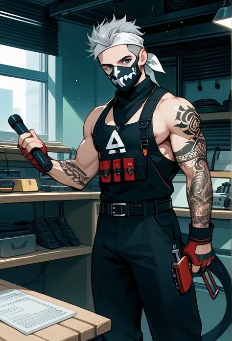 masterpiece, best quality, male, (masked face, full mask, covered face), black visor, white bandana, gray hair, short hair, spiky hair, mature body, muscular body, mechanic pants, tool belt, toolkit belt, workshop, tattoos, covered in tattoos, dragon tatto...