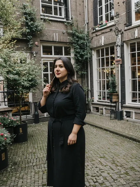 Caseyli, 1girl, solo, 30 years old, (((Georgian face))), (((Georgian nose))), (((Georgian lips))), ((((chubby)))), (((wide hips))), (((dark blonde hair))), wavy medium hair, wearing stylish Generation Z modern wear, ((Background: Courtyard in Amsterdam))