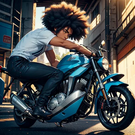 Side progile of a young man with afro hair riding motor cycle. 