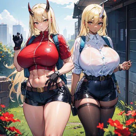 ((best quality)), ((masterpiece)), (detailed), 1girl, 8k_wallpaper, extremely detailed eyes, extremely detailed body, beautiful face, perfect face, detailed ((blonde hair)), (gold eyes), (( big blue horns)), {{dark skin}}, ({dark skinned female}), gigantic...