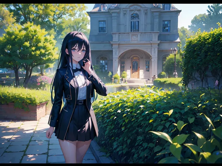 anime, Style, a blue long haired girl wearing a black jacket and a black skirt walking on a garden ,(best quality, 4k, 8k, high resolution, obra-prima: 1.2), ultra-detailed, (realista, fotorealista, foto-realista: 1.37) colorido com vibrantes cores, soft l...