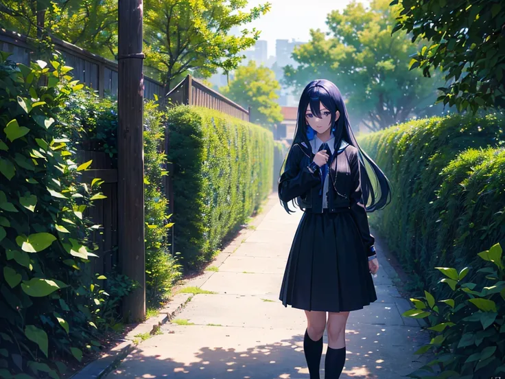 anime, Style, a blue long haired girl wearing a black jacket and a black skirt walking on a garden ,(best quality, 4k, 8k, high resolution, obra-prima: 1.2), ultra-detailed, (realista, fotorealista, foto-realista: 1.37) colorido com vibrantes cores, soft l...