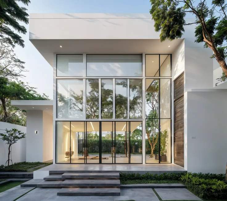 raw photo, a photo of a modern house, (curvilinear archrchitecture:1.4), wabisabi style rounded wall, white wall, steel black ga...