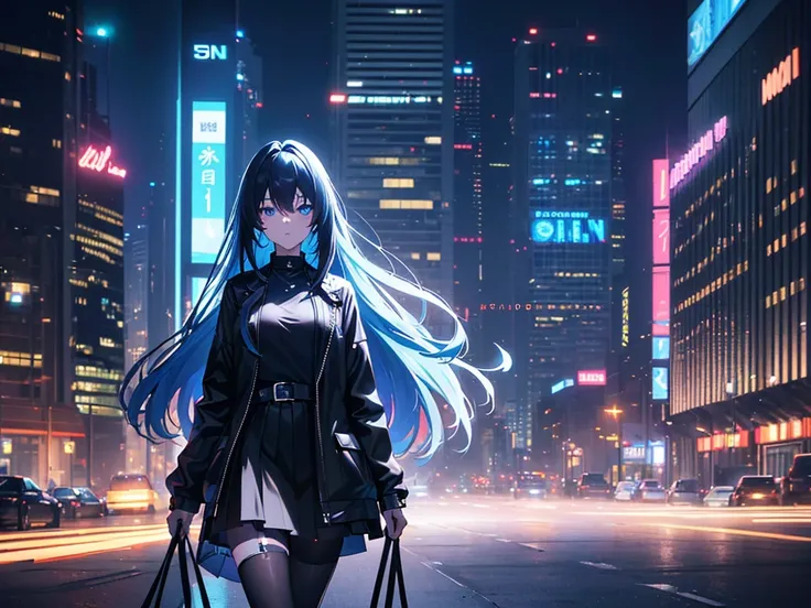 anime, Style, a blue long haired girl, black jacket, black skirt, walking on a futuristc city with neon lights ,(best quality, 4k, 8k, high resolution, obra-prima: 1.2), ultra-detailed, (realista, fotorealista, foto-realista: 1.37) colorido com vibrantes c...