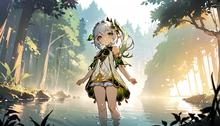 masterpiece,highest quality,dispersion,alone,one girl, in the forest,light particles, light,nahida,green eyes,waterfront