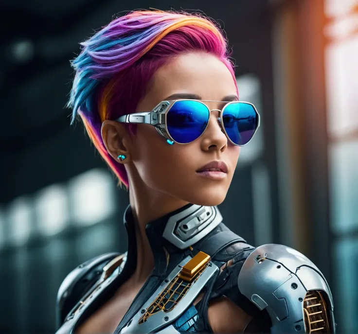 "A stunning, beautiful woman with colorful hair, wearing sunglasses, high-resolution photo capturing the essence of a futuristic cyborg with intricate details and dynamic angles."