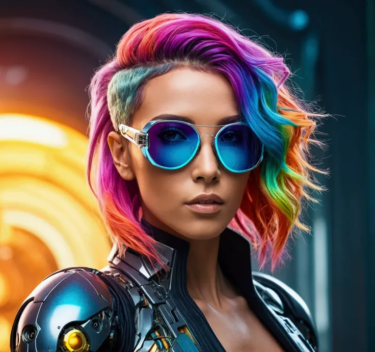 "A stunning, beautiful woman with colorful hair, wearing sunglasses, high-resolution photo capturing the essence of a futuristic cyborg with intricate details and dynamic angles."