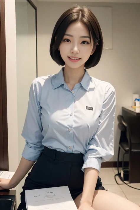 Create a close-up image of a beautiful Japanese female dental hygienist with a seductive smile。She was wearing a tight dental hygienist uniform.、プロフェッショナルさとcharmを強調しています。Her hair was neatly tied up.、She has an elegant look with her short hair style.。The ba...