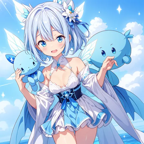 A cute white and blue fantasy creature、Star Fairy、stuffed toy、cg,Focus on fantasy creatures