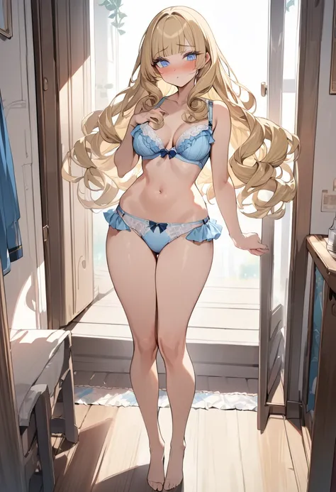 blue eyes,long eyelashes,frilly baby blue panties and bra,medium breasts,wide hips,bishoujo,curls,fringe bangs,fullbody,masterpiece,embarrassed,highres,blonde,long hair,standing,