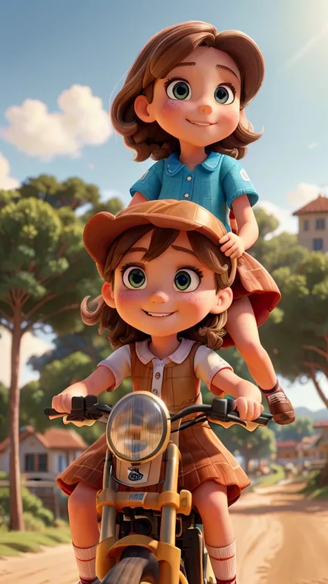 A 9 year old girl with brown hair riding a bicycle, another 8 year old blonde girl standing on the back, riding on dirt streets in a coastal city, detailed facial features, photorealistic, 8k, best quality, masterpiece, highly detailed, cinematic lighting,...