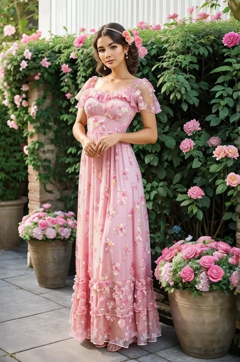 Alafi woman in pink dress poses in front of a flower pot, wearing pink floral gown, Romantic dress, rococo ruffles dress, flowery dress, Flower dress, wearing a long flowery dress, wearing in a summer dress, wearing organza gown, lady with glowing flowers ...