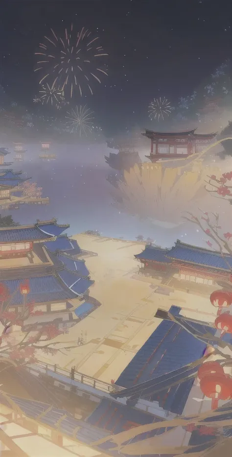 Anime scene of a woman in a kimono watching fireworks, Onmyoji detailed art, Traditional Japanese concept art, Colorful Fox City, Background artwork, Anime Landscape Concept Art, Beautiful rendering of the Tang Dynasty, Onmyoji, A beautiful artistic illust...