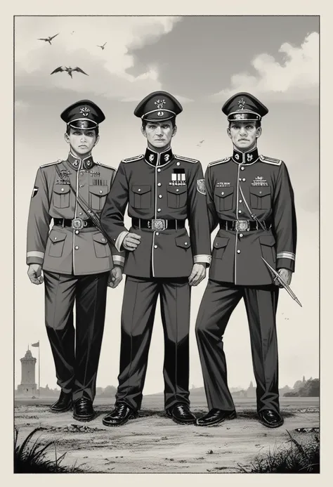 a group portrait of three allegorical figures representing France, Germany, and the United Kingdom, dressed in period military uniforms, standing in front of a battlefield backdrop, in color black and white, intricate details, anime, 1914, (best quality,4k...