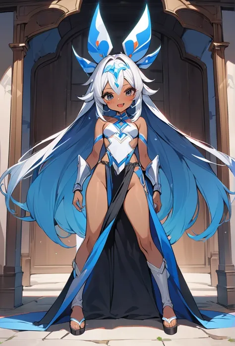 (anime style),masterpiece, best quality, extremely detailed,18Year old,tanned skin,dark skin, Beautiful tall body,flat breasts,BREAK,multicolored colorful blue hair,absurdly long hair,for head,BREAK,black eyes,best smile,open mouth,detailed lips,BREAK,cott...