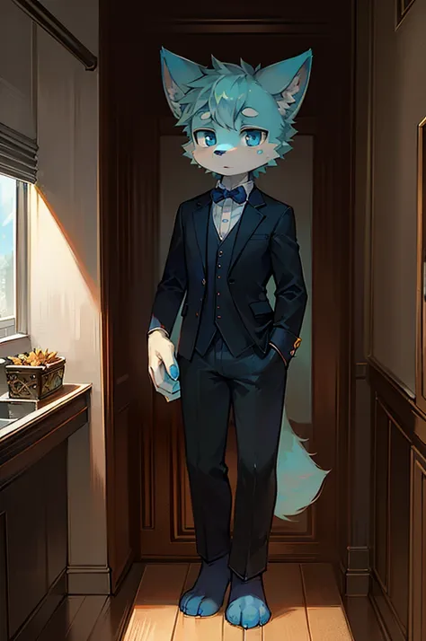 Normal scenario (Furry pale green fox boy), Standing，Facing the camera， ((Melancholy， Detailed face, Clear big eyes，blue eyes，Meticulous attention to detail)), Natural and soft lighting, 8K, SF Express, Autumn Light , peaceful , (Fluffy Paws), Front view，W...