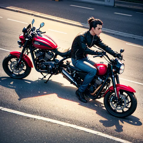 Side profile of a young man riding harley davidson