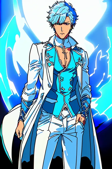 highly detailed, high quality, master piece, beautiful, light blue hair, very short hair, white open ripped jacket, shirtless, baggy white pants, blue shiny eyes,background, young man, full body, (full general shot)