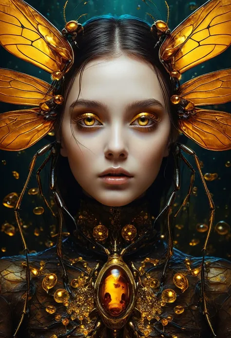 hybridexa insect deep in amber, a dark and mysterious world unfolds, a surreal dead girl with liquid gold eyes wanders around, l...